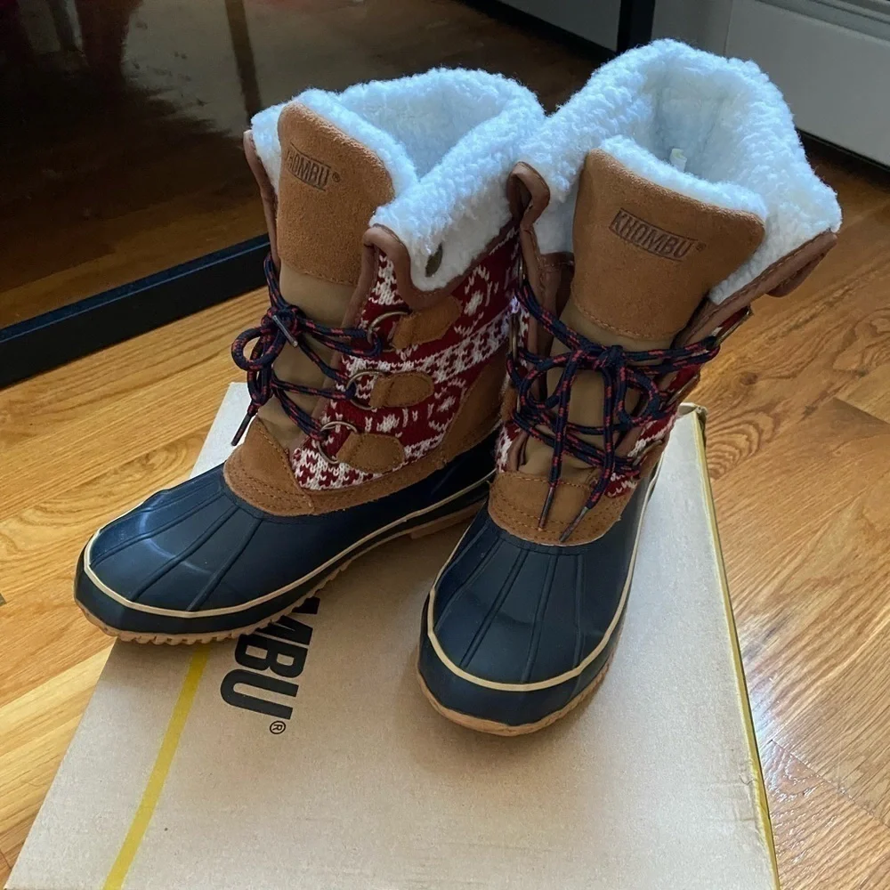 Khombu Snow Fur Sherpa Winter Ankle Boots Tan fair isle size Women 6 | 5.5